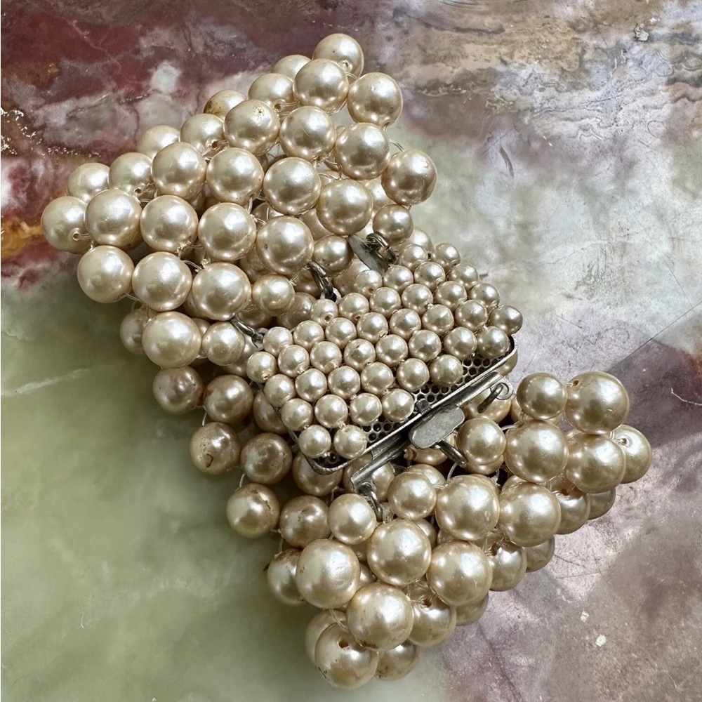 VINTAGE 1990s BOTTEGA VENETA BRACELET WIDE FORMAL STATEMENT FAUX PEARL CHAMPAGNE